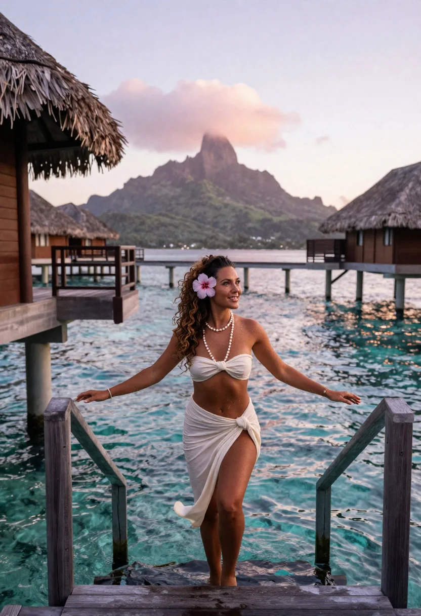 Regal Sapphire Lagoon Paradise Scene Sun-kissed Island Woman Emerging From reference photo