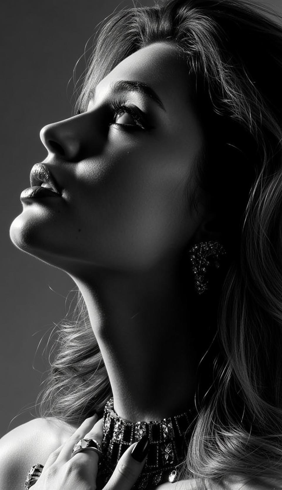 Black And White Medium Shot Portrait Woman Looking Upwards Her