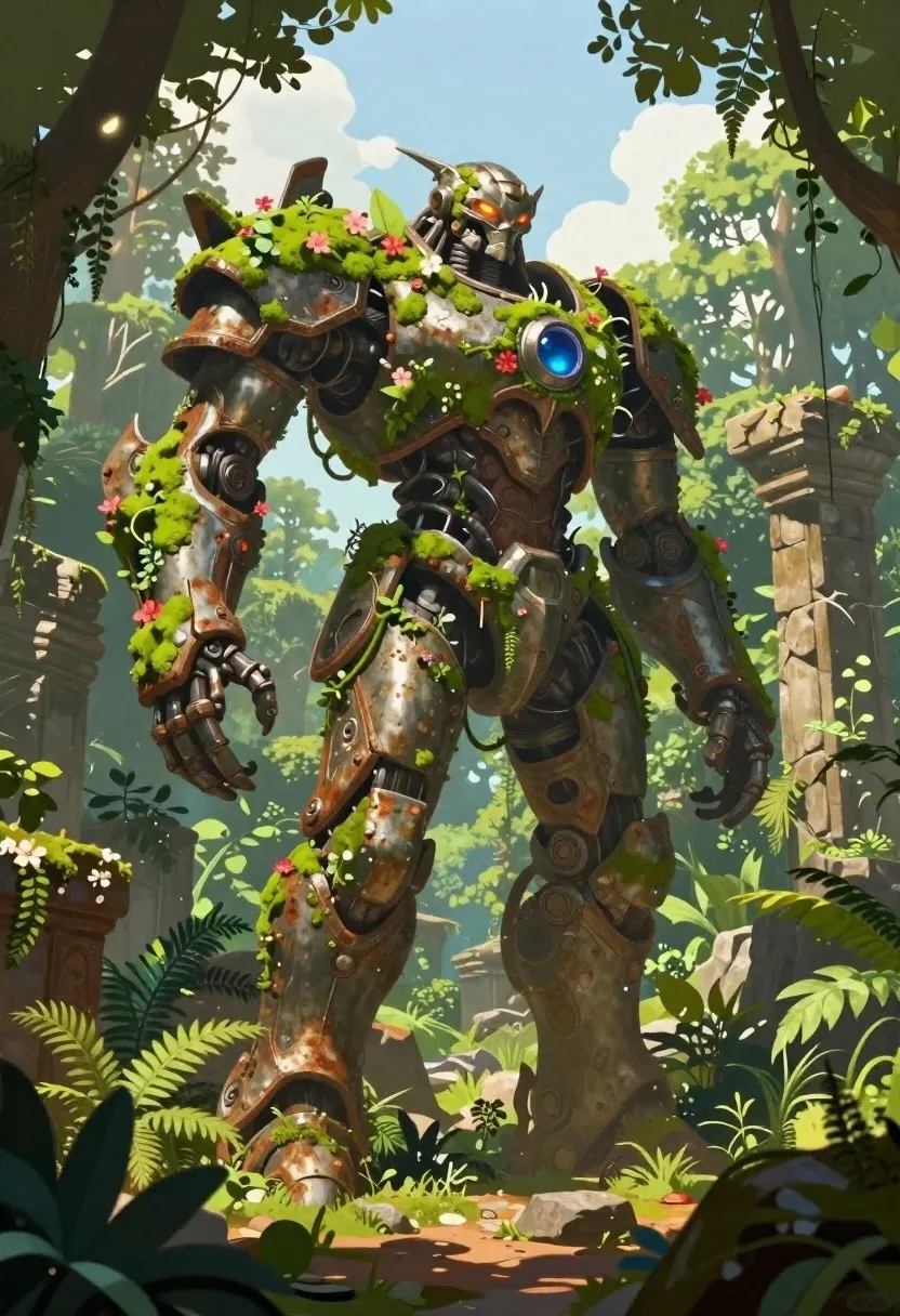Digital Illustration Colossal Biomechanical Guardian Towering Amidst Ancient Ruins And