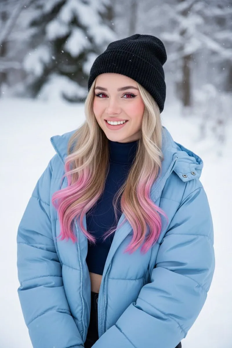 A blonde girl with pink-tipped hair and vibrant red eyes, wearing a black beanie