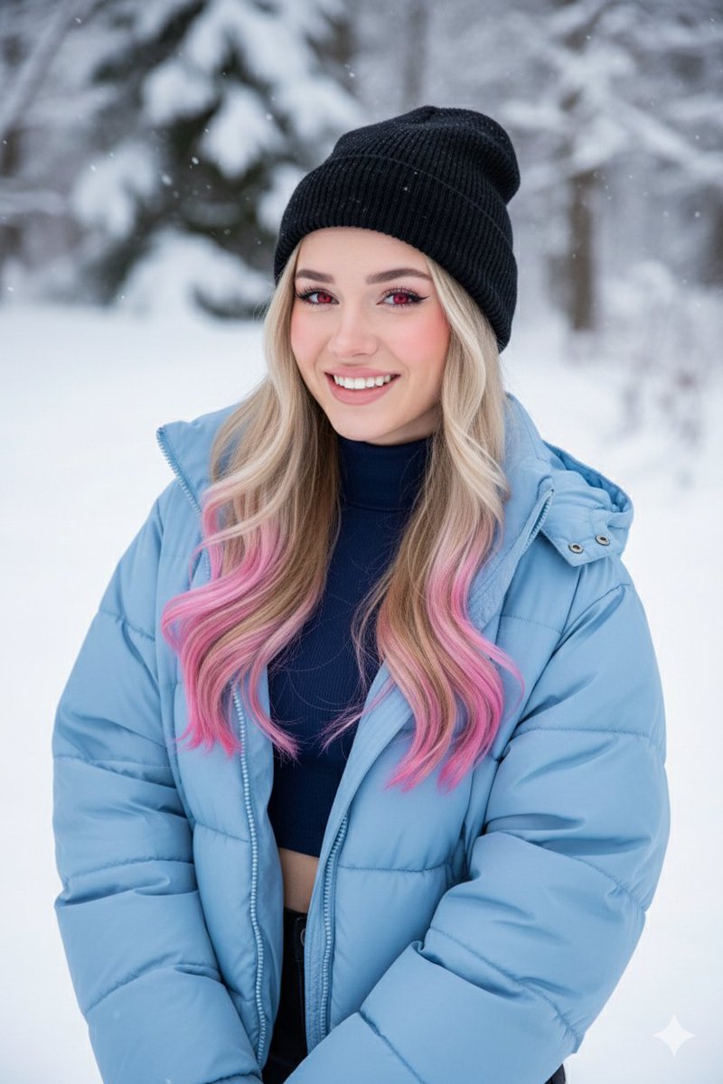 A cheerful blonde girl with pink-tipped hair and red eyes, wearing a black beanie and navy blue turtleneck, outdoors in a snowy landscape.