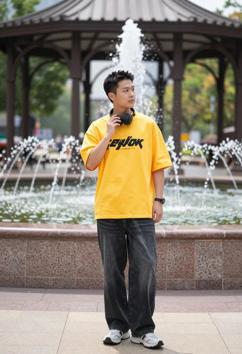 Man Stands Confidently Outdoor Plaza Wearing Bright Yellow Oversized T-shirt