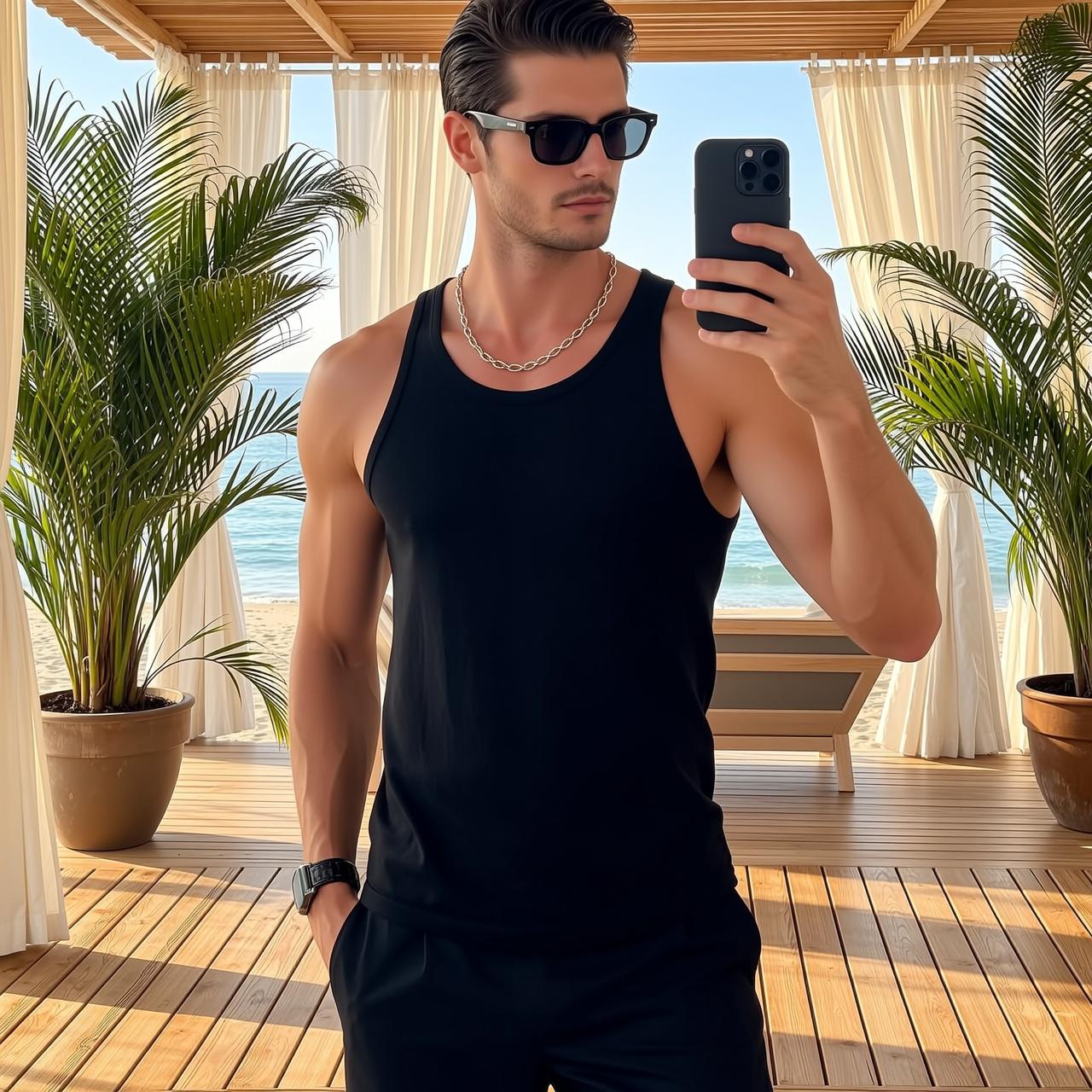 Man Taking Selfie Black Tank Top Silver Chain