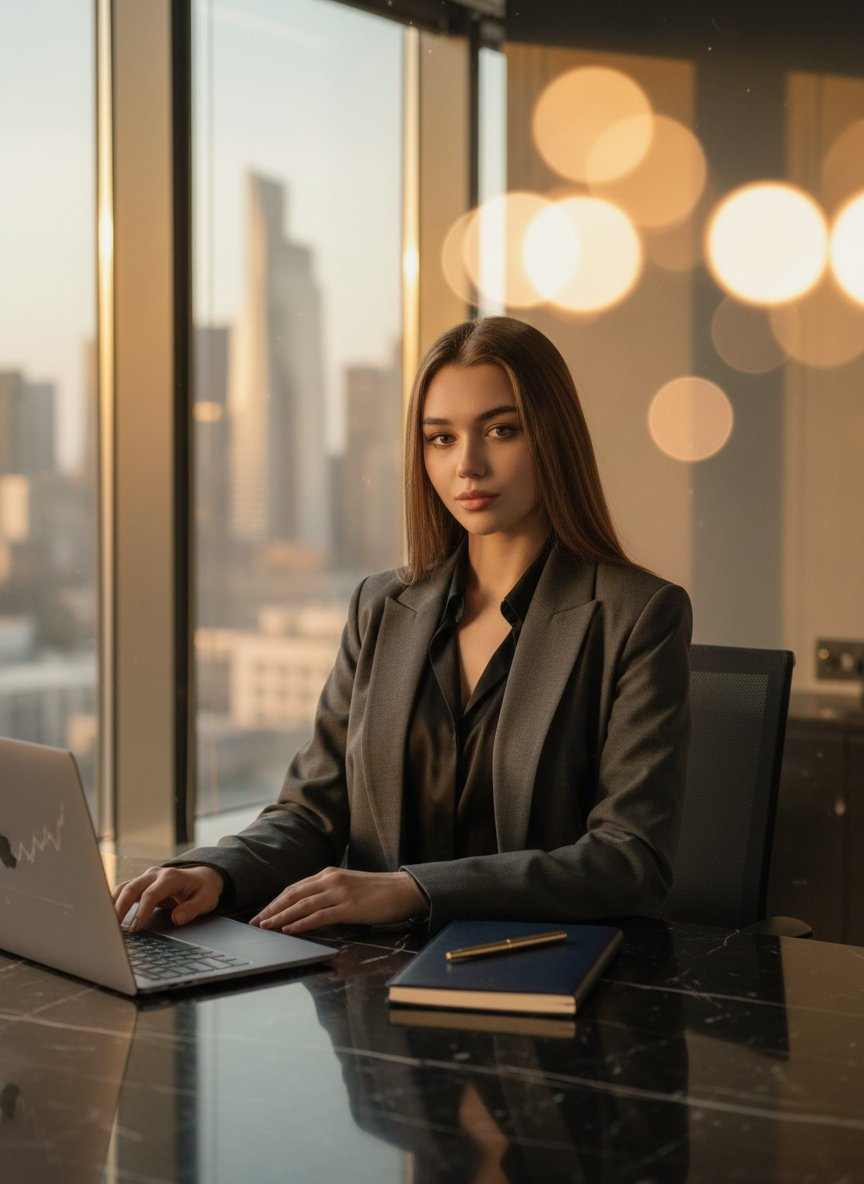 Cinematic office scene with a confident young woman at a stylish dark marble desk, warm golden light and city view.