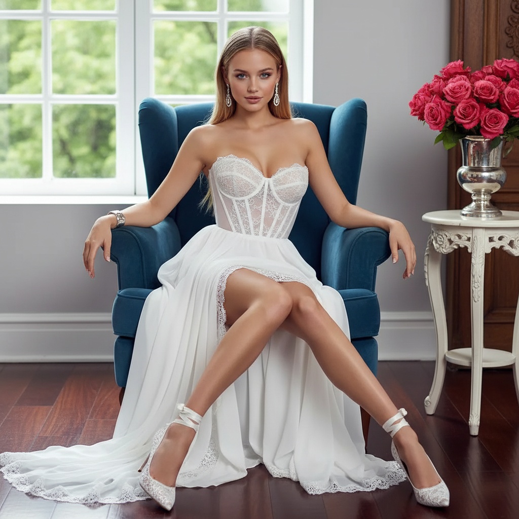 A seated person in a white strapless couture gown on a teal velvet chair, exuding confidence.