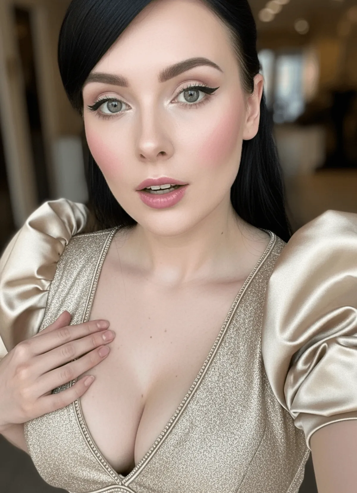 Glamorous Gold Dress V Neck Selfie
