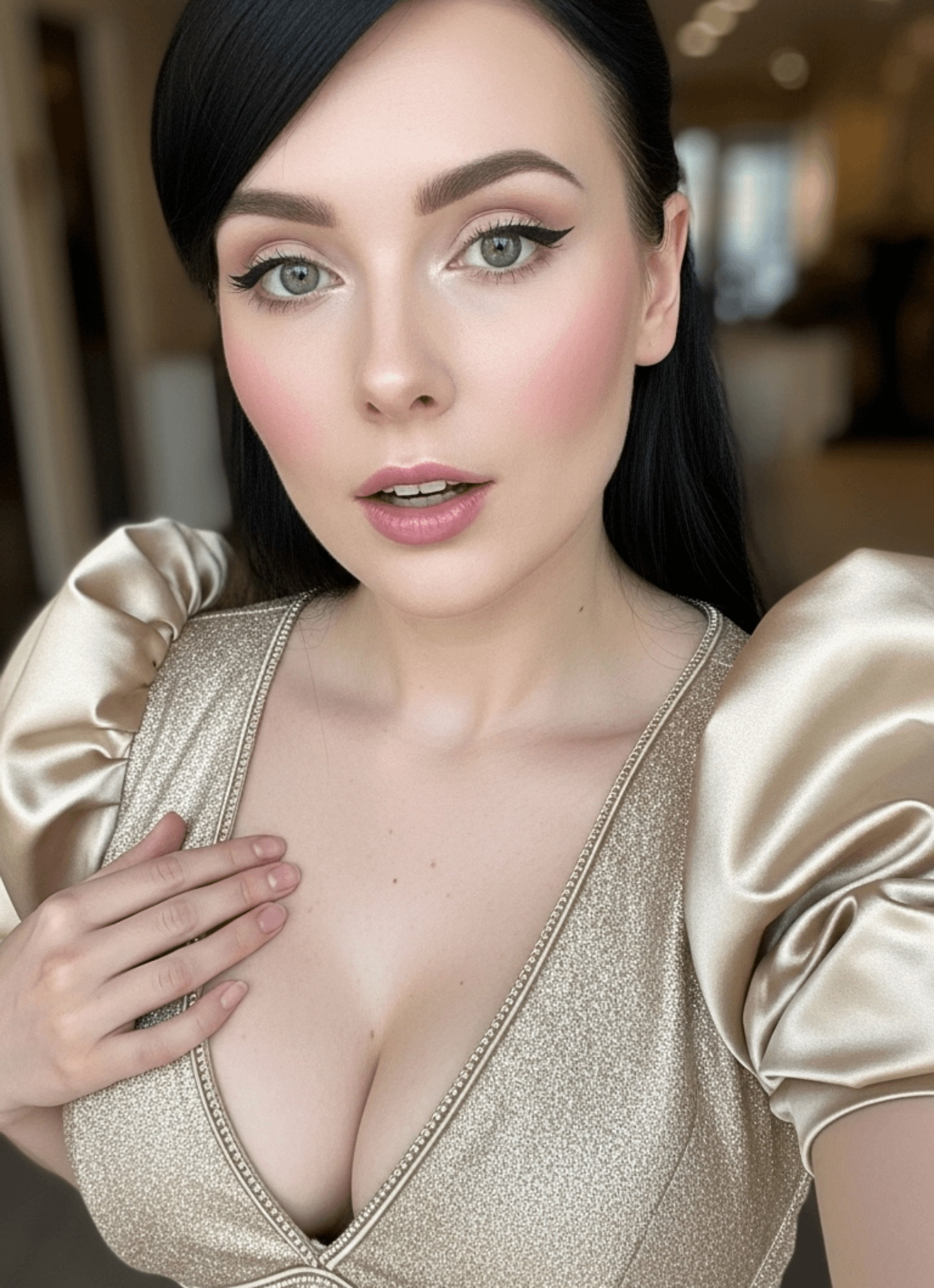 Glamorous Gold Dress V Neck Selfie