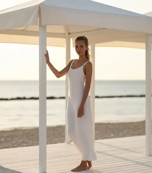 Ultra-realistic Fine-art Editorial Beach Portrait Elite High-fashion Model Standing Beneath