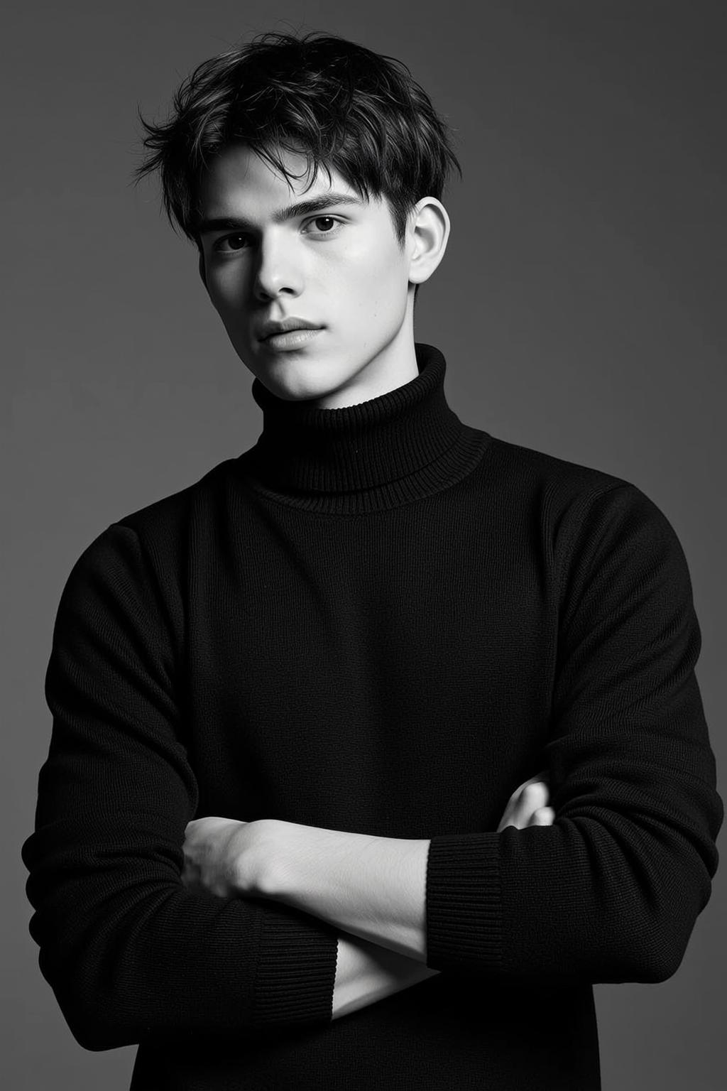 Young Dark Messy Short Pale Black Turtleneck