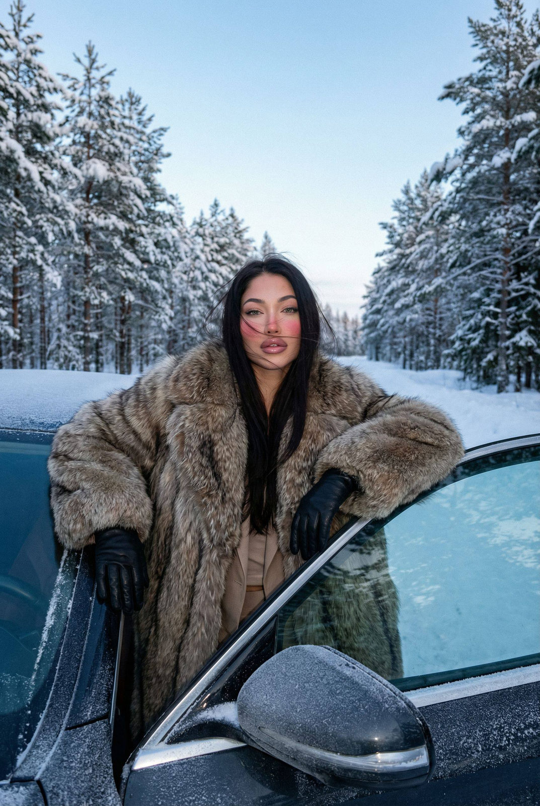 A model in a luxurious oversized fur coat leans out from a frost-covered car on a snowy forest road, surrounded by tall pine trees.