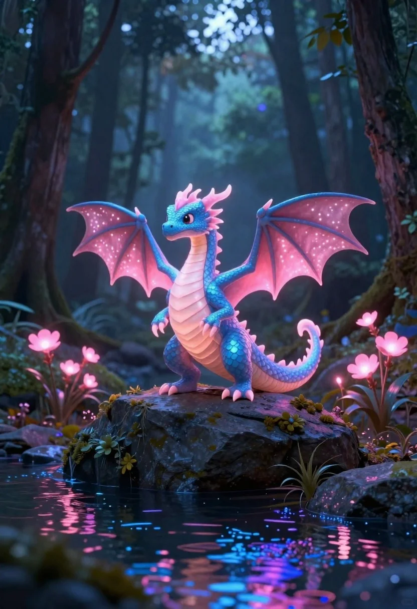 Subject Small Glowing Dragon With Blue And Pink Scales Standing reference photo