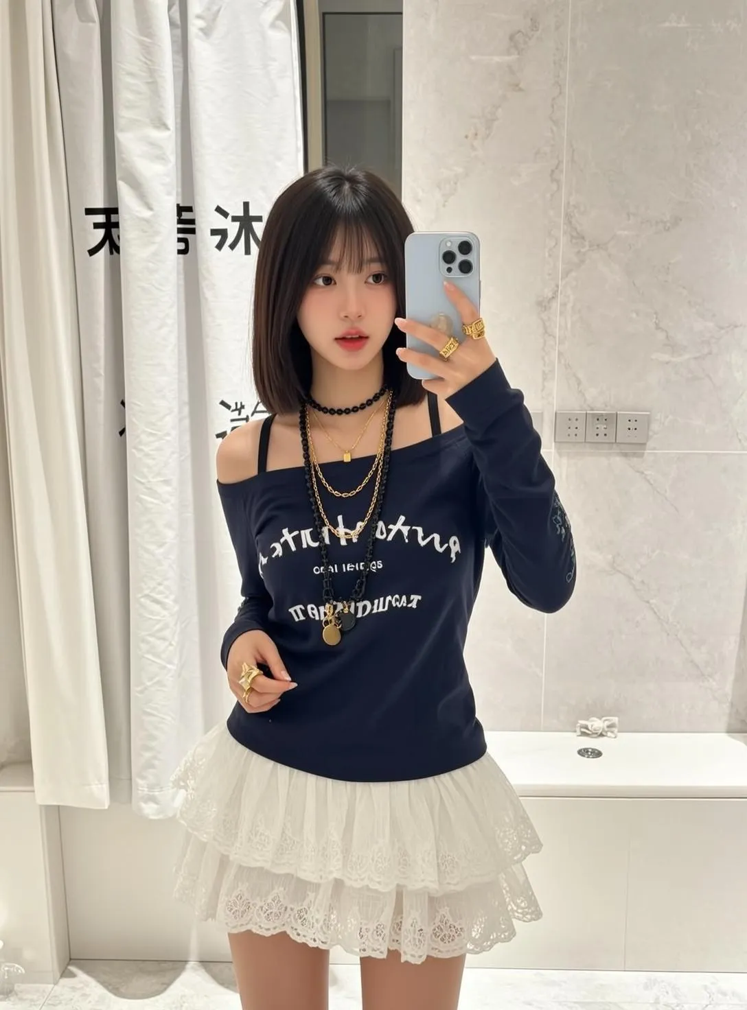 Necklace And Rings In Mirror Selfie