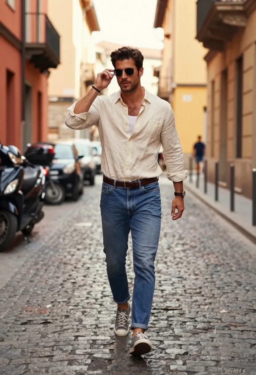 Stylish Man Walks Confidently Down Narrow Cobblestone Street Lined With
