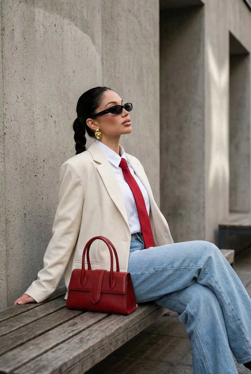Sunglasses And Earrings With Oversized Cream Blazer