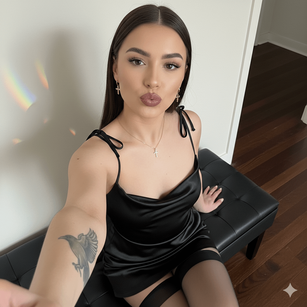 Black Mini Dress Selfie Gold Cross Necklace Tattoo