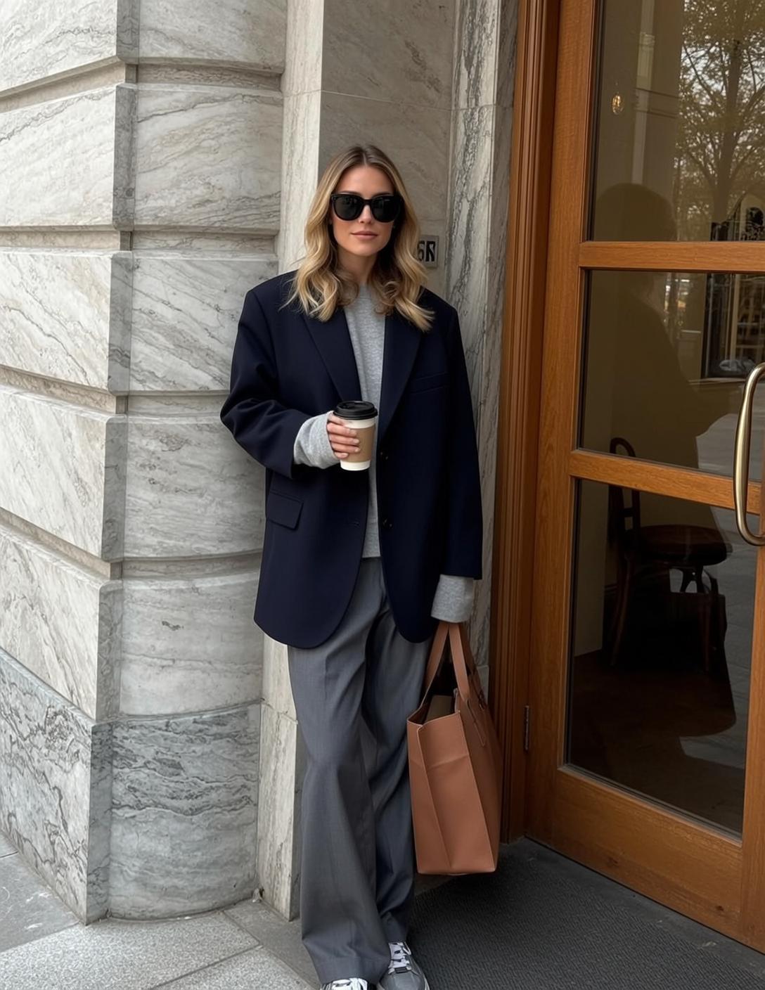 Oversized Navy Blazer Grey Crewneck Sweater Urban Street In Pavement