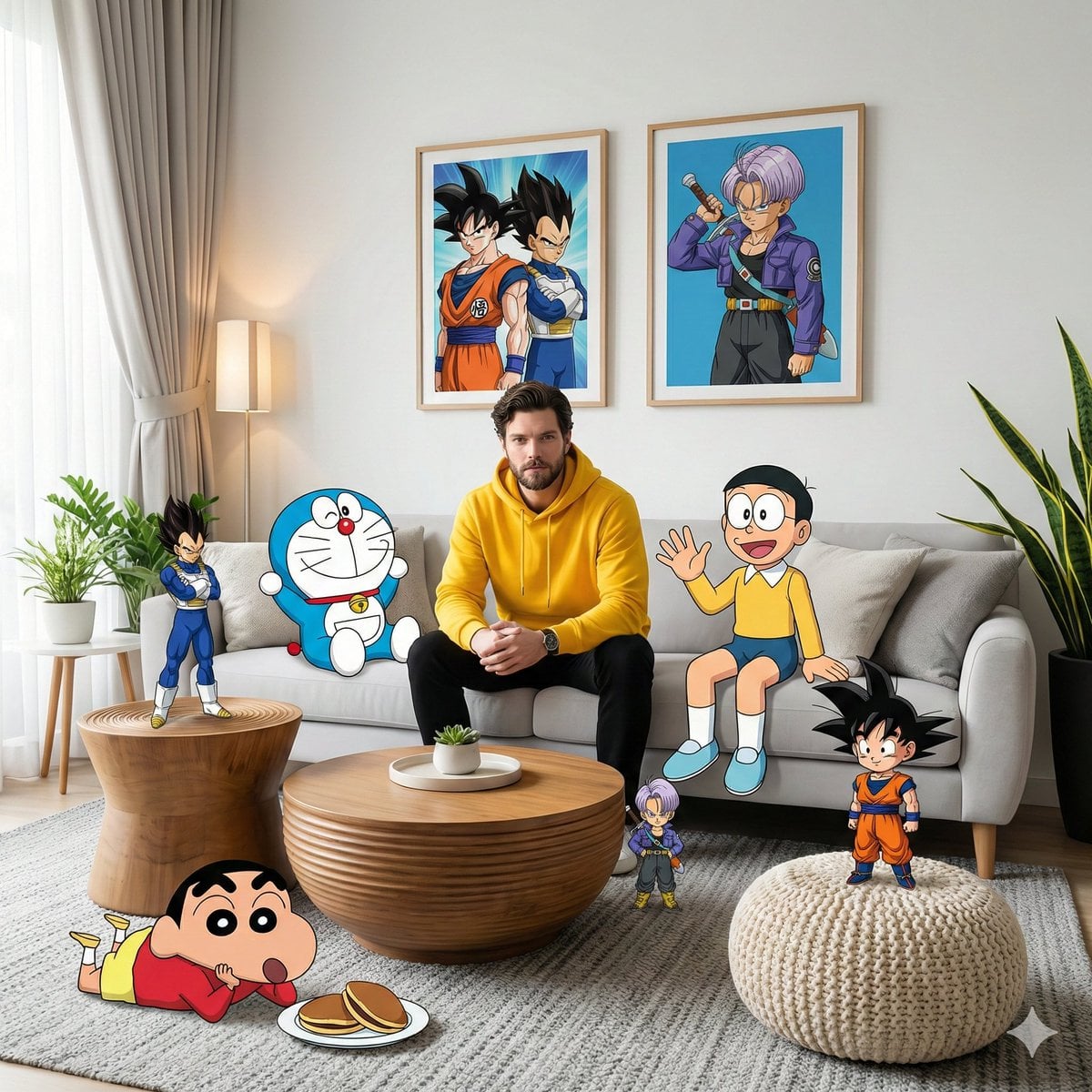 Bright Yellow Hoodie And Black Pants In Plush Light Sofa