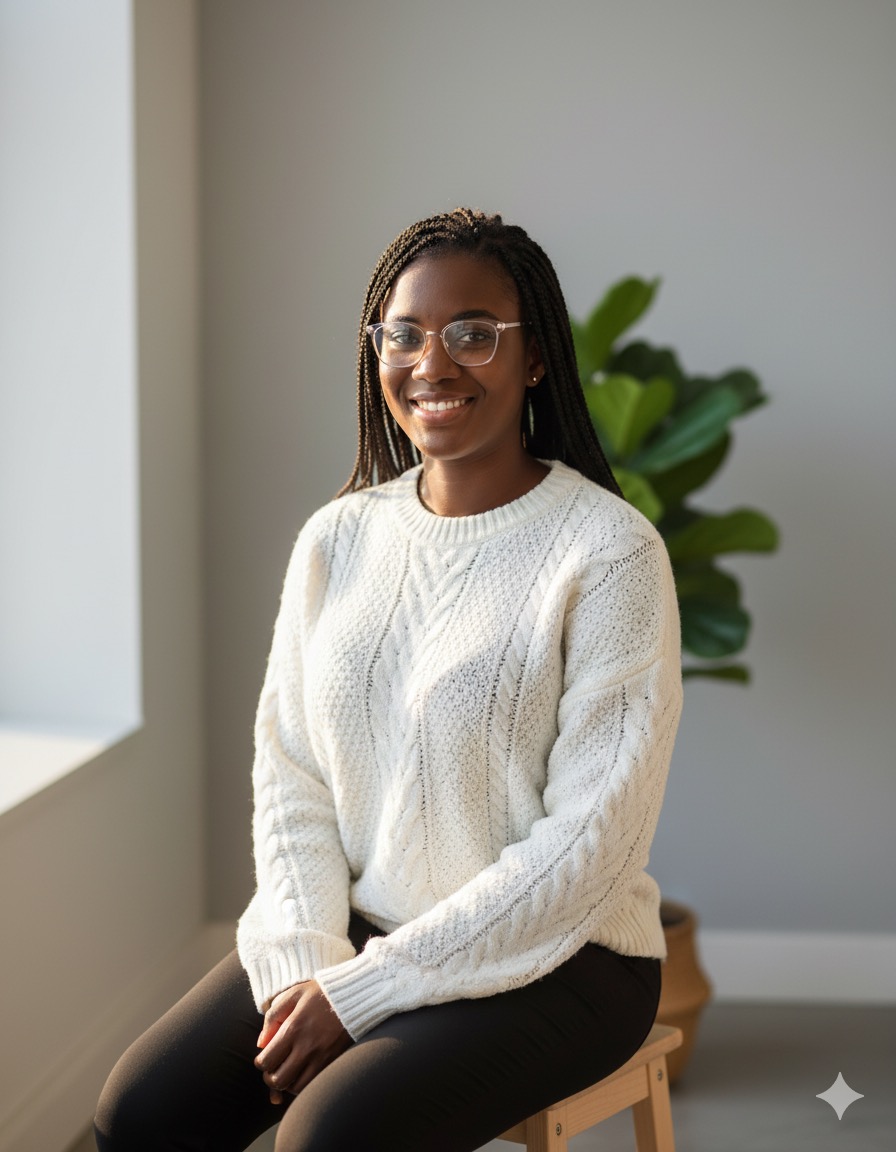 a hyper-realistic portrait of a young African entrepreneur with braided hair, wearing clear glasses and a white wool sweater, smiling in a minimalist indoor setting with soft natural light