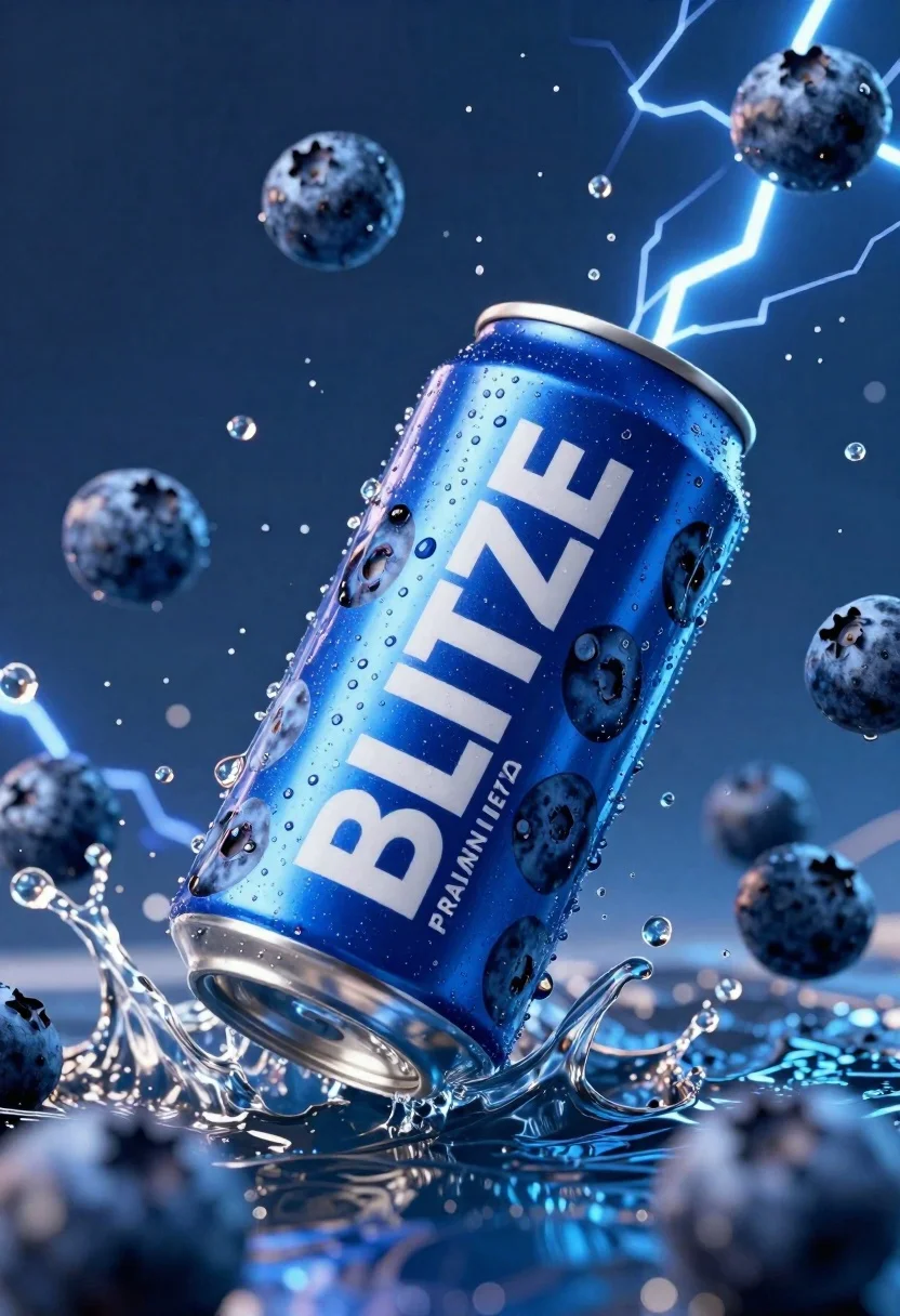 Dynamic Close-up Blue Aluminum Beverage Can Suspended Mid-air Amidst Splashing