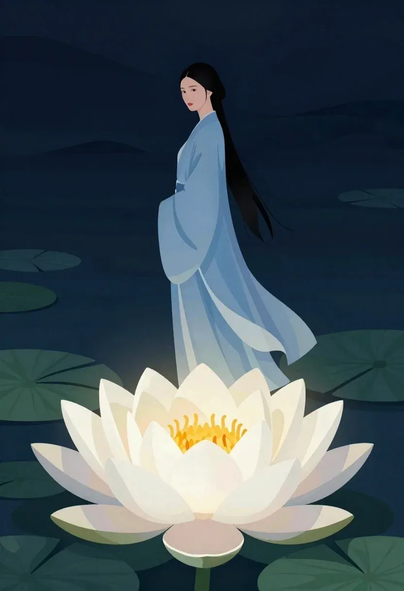 Digital Illustration Solitary Woman Standing Above Giant Glowing Lotus Flower