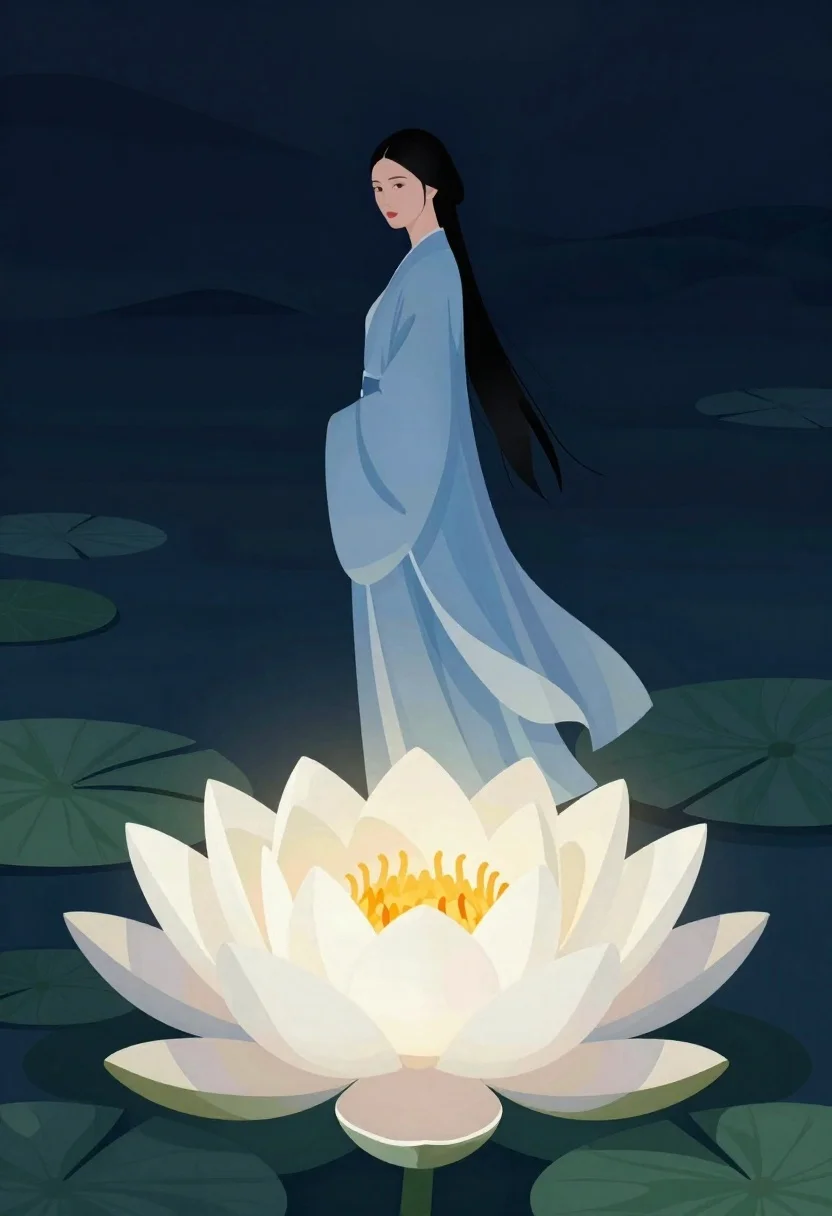 Digital Illustration Solitary Woman Standing Above Giant Glowing Lotus Flower reference photo