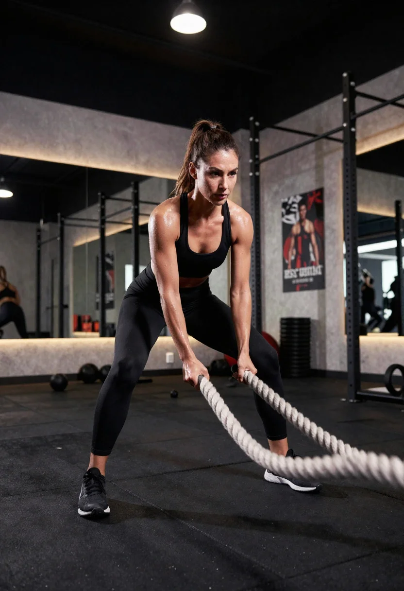 Dynamic Gym Photoshoot Capturing Fit Athlete Mid-workout Modern Fitness Studio reference photo