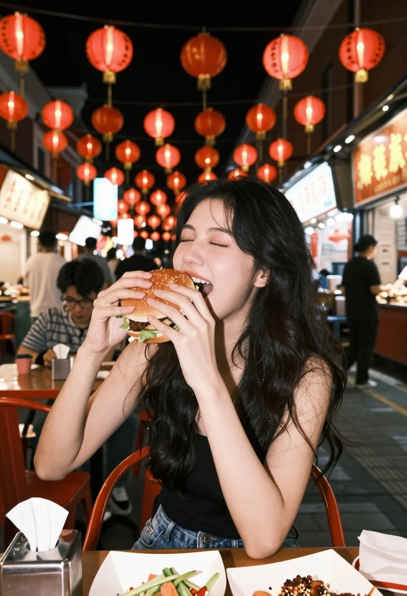 Young Woman With Long Dark Hair Captured Mid-bite Into Large