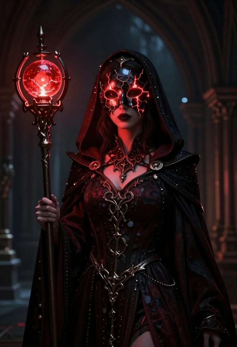 Portrait Mysterious Sorceress Dark Robes Holding Ornate Staff Topped With reference photo
