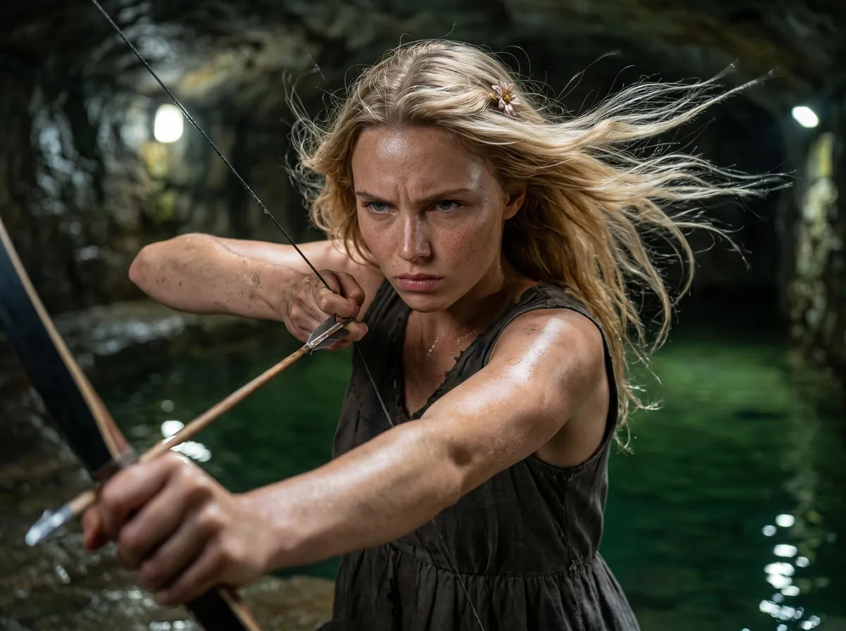 Archer In Dark Tunic Drawing Bow In Cavern