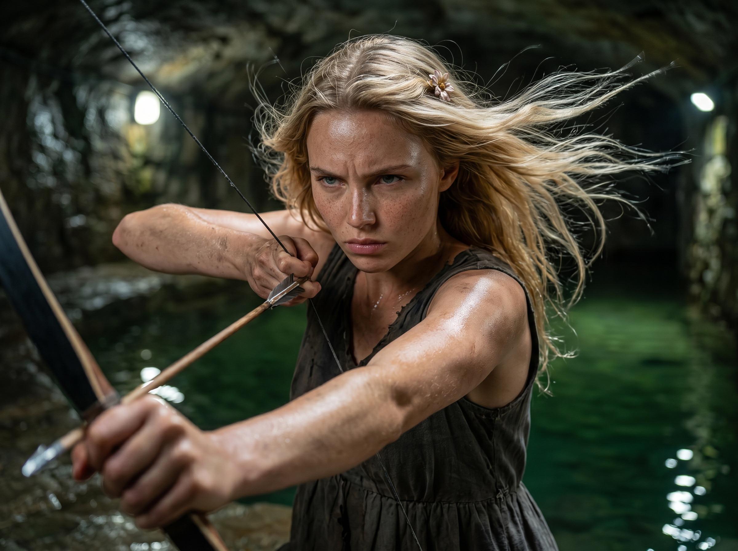 Archer In Dark Tunic Drawing Bow In Cavern