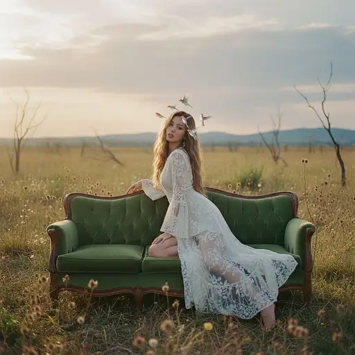 Woman Sitting Top Couch Field Skinny Girl White Boho Lanced