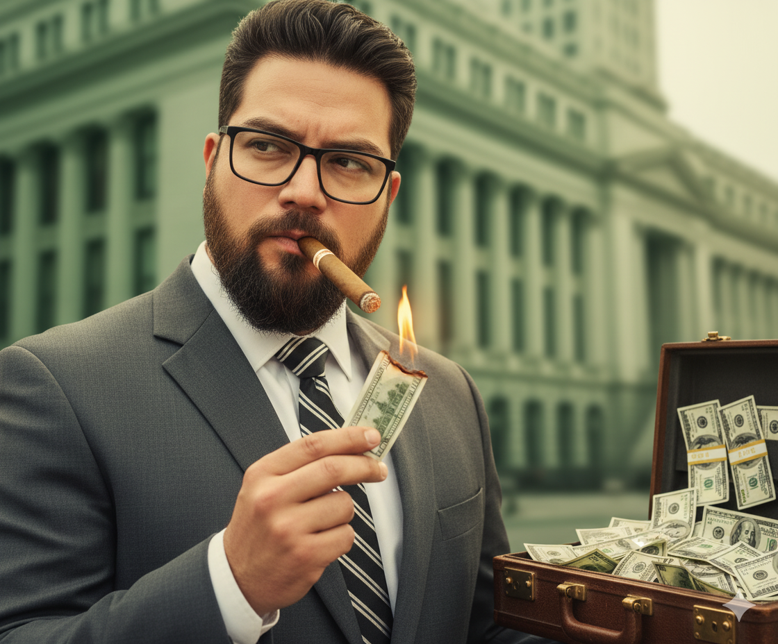 Ultra realistic image of a man in a grey suit, serious expression, lighting a cigar with a burning $100 bill, set in an opulent urban backdrop.