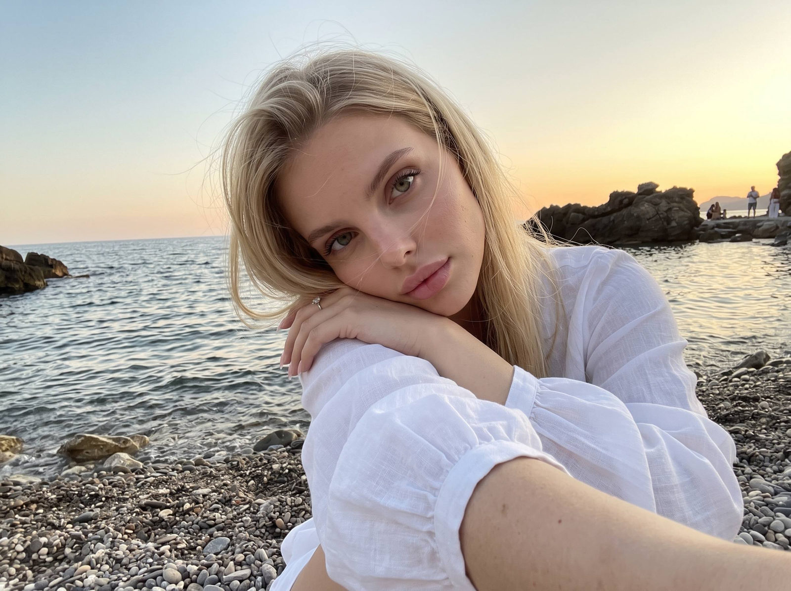 Stony Beach Sunset Selfie Calm Gaze