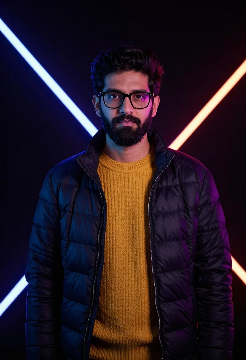 Cinematic Portrait Man With Dark Hair And Beard Wearing Black-framed reference photo