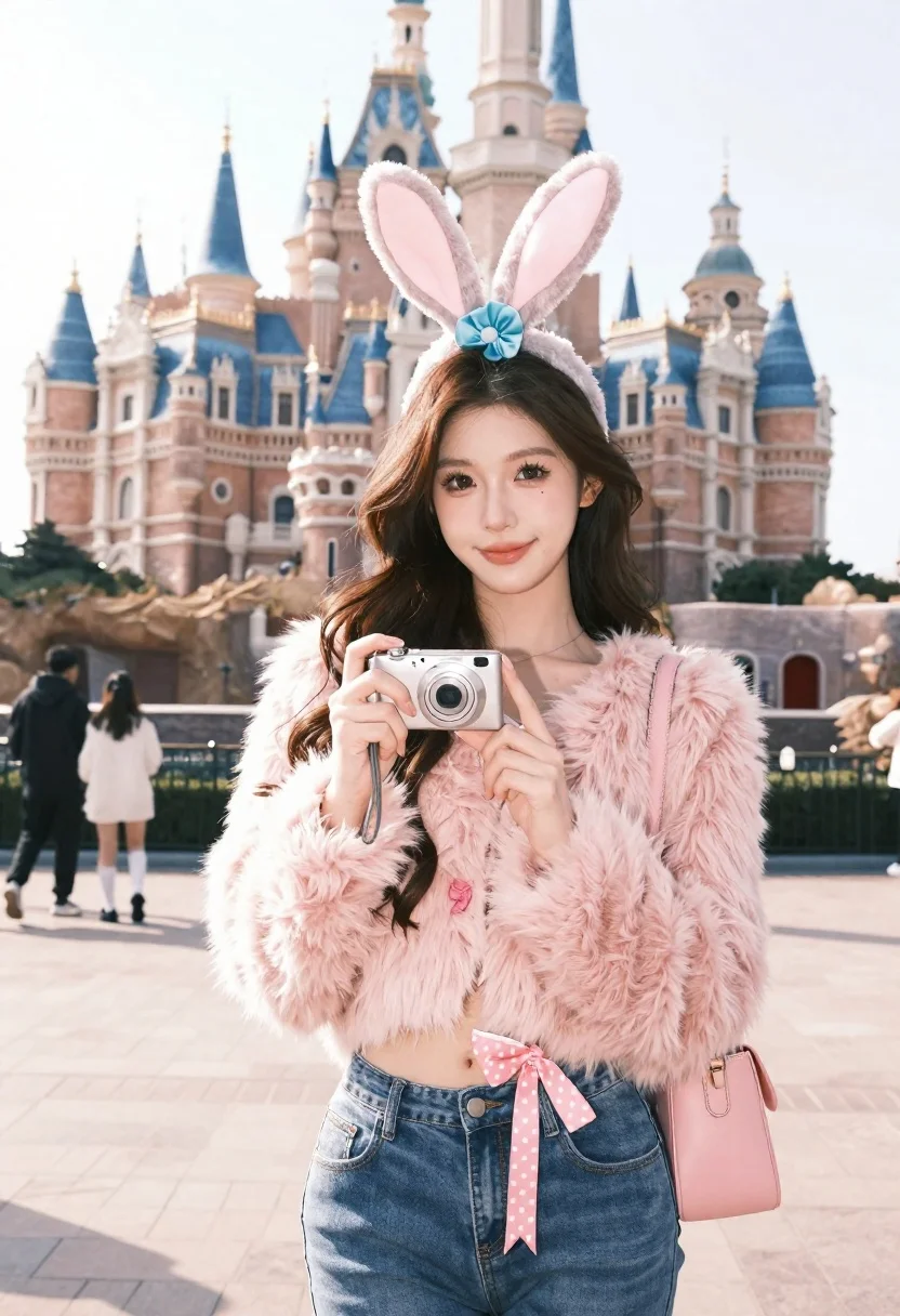 Young Woman With Long Dark Hair Stands Front Castle Holding