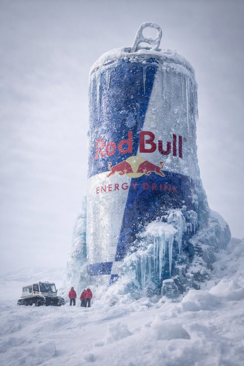 A hyper-realistic cinematic photograph of a product trapped in thick blue ice, with snow covering the textured surface and icicles hanging from the rim.