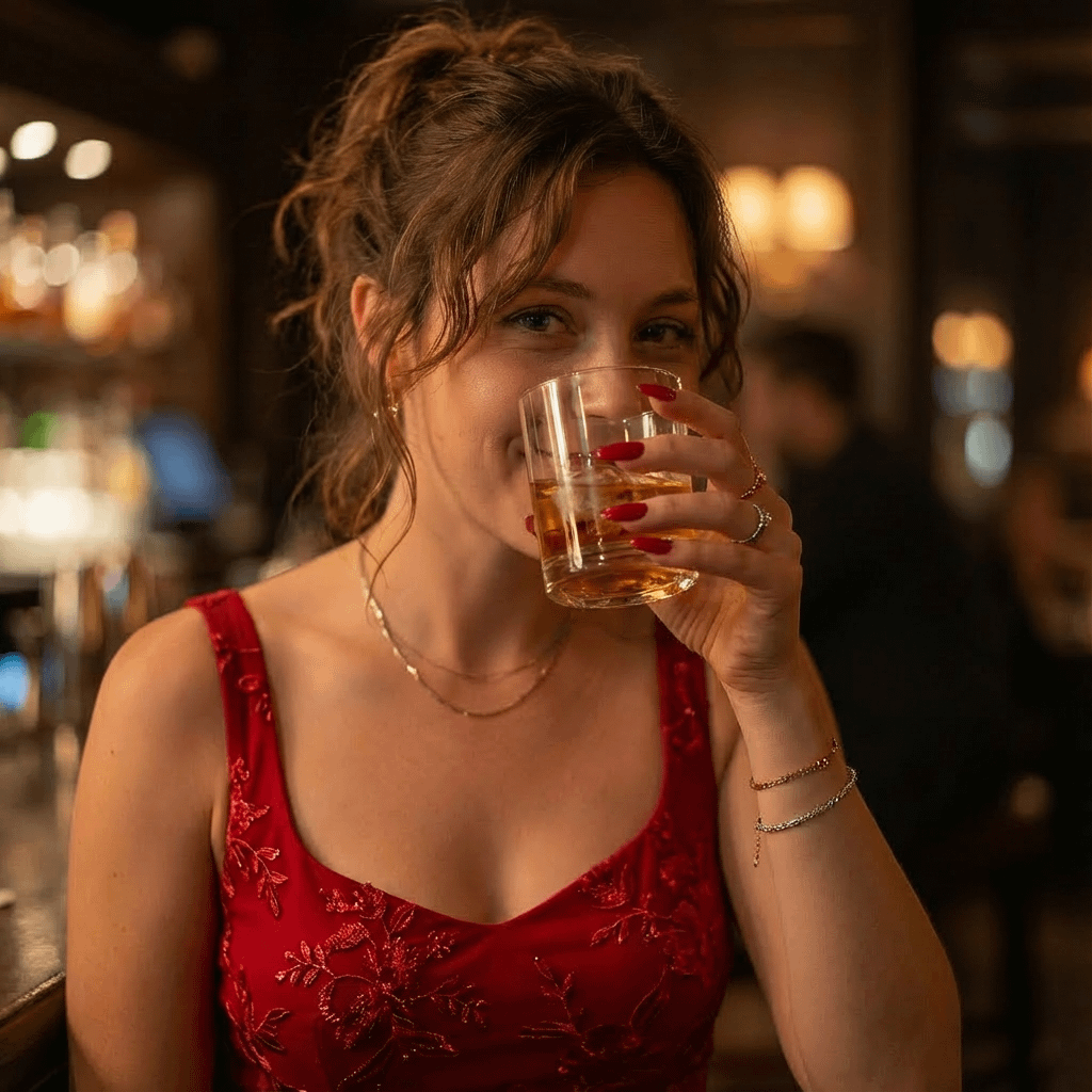 Red Dress Luxury Bar Whiskey Toast Mysterious Pose