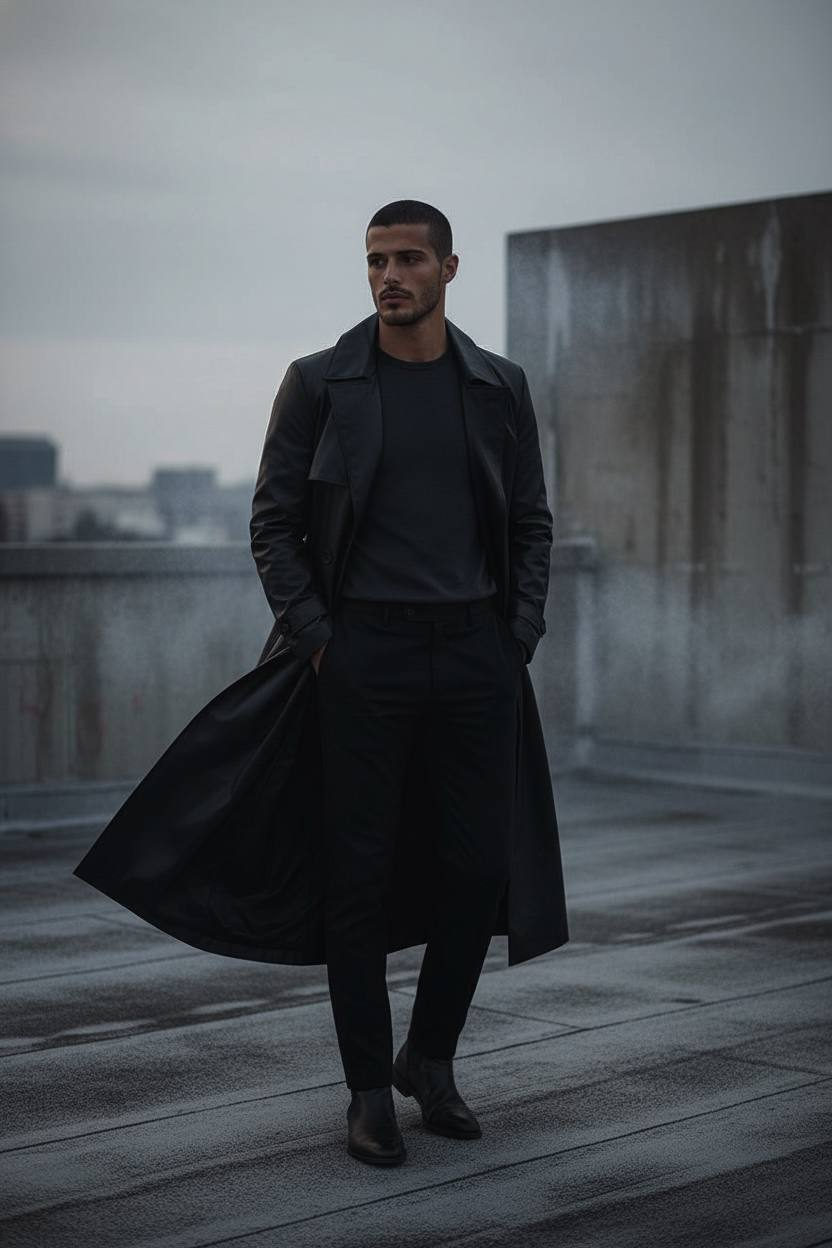 A person in a long trench coat stands on an urban rooftop, surrounded by concrete walls and faint smoke trails, exuding a relaxed but grounded demeanor.