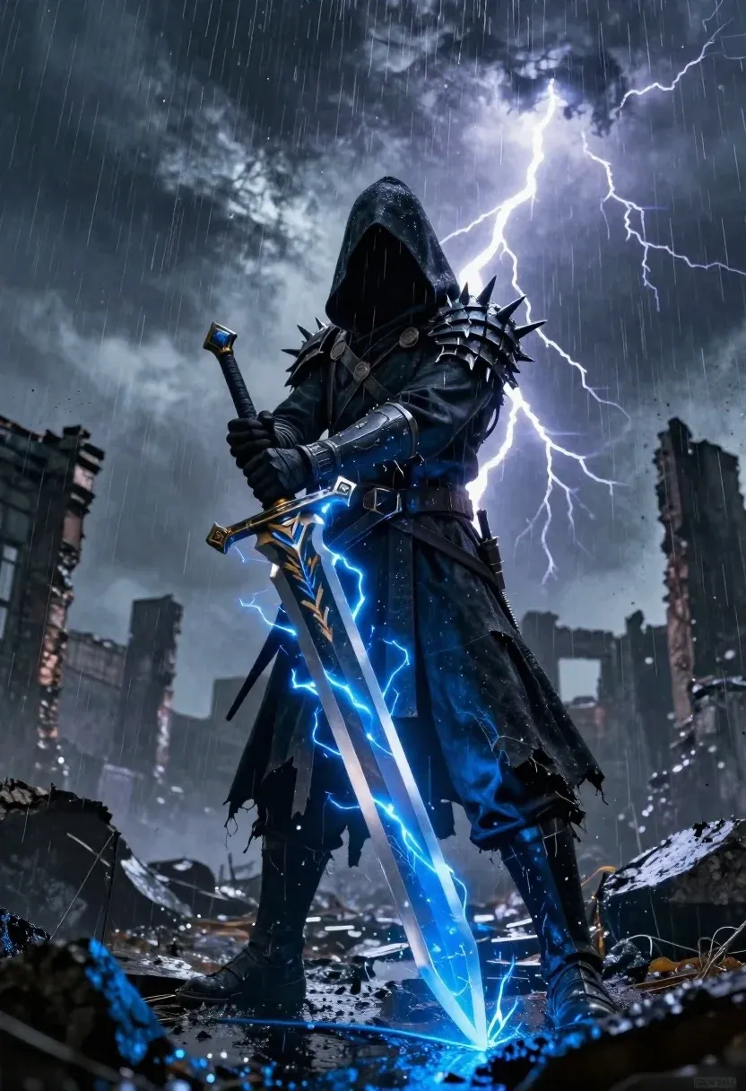 Dark Hooded Figure Stands Stormy Ruin Holding Massive Glowing Blue