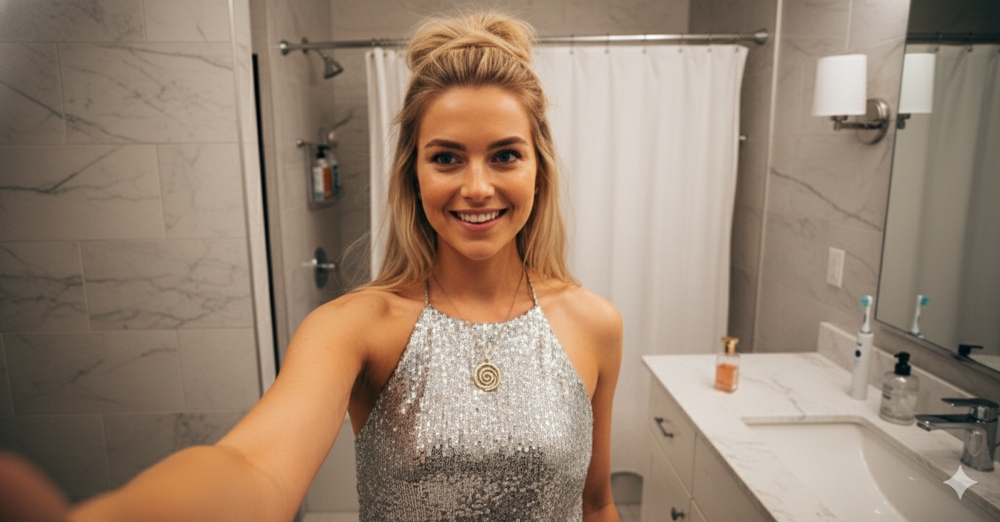 A medium shot of a person taking a selfie in a brightly lit bathroom, showcasing natural skin texture and realistic reflections.