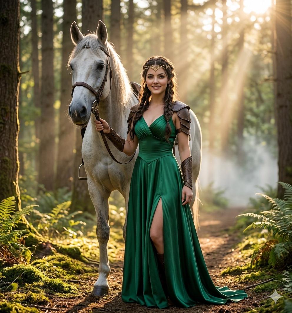 Heroine In Emerald Gown Pale Horse Sun Dappled Forest Path