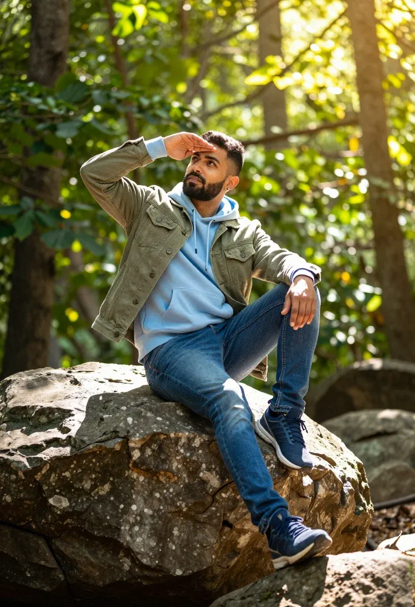 Man Sits Casually Large Rock Sun-drenched Forest Clearing Subject Man