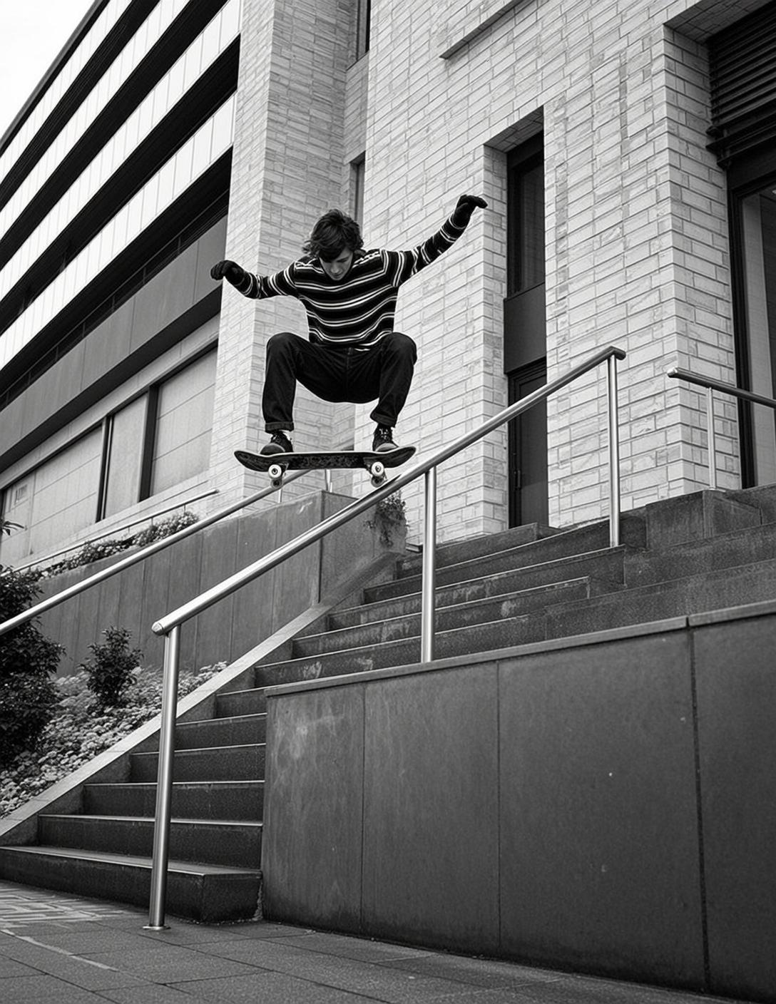 Striped Shirt Skateboard Trick