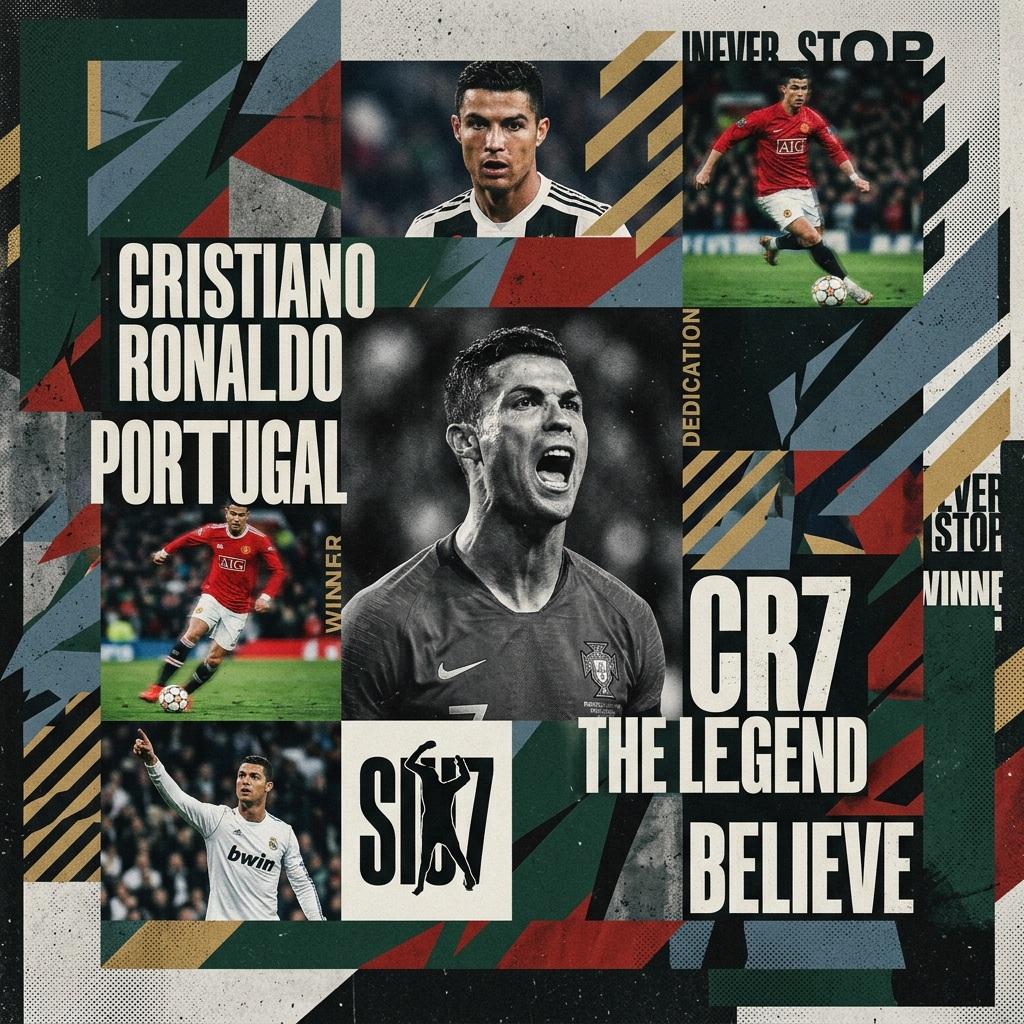 A dramatic sports collage featuring a male soccer player shouting in a dark red Portugal jersey, surrounded by action shots and geometric designs.