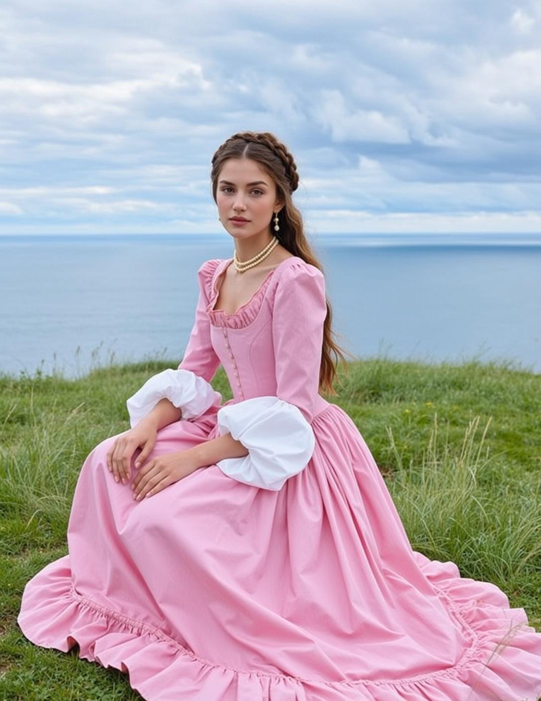 Coquettecore Young Seated Grassy Cliff Overlooking Ocean