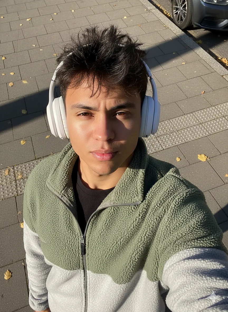Autumn Selfie With Headphones On Sidewalk
