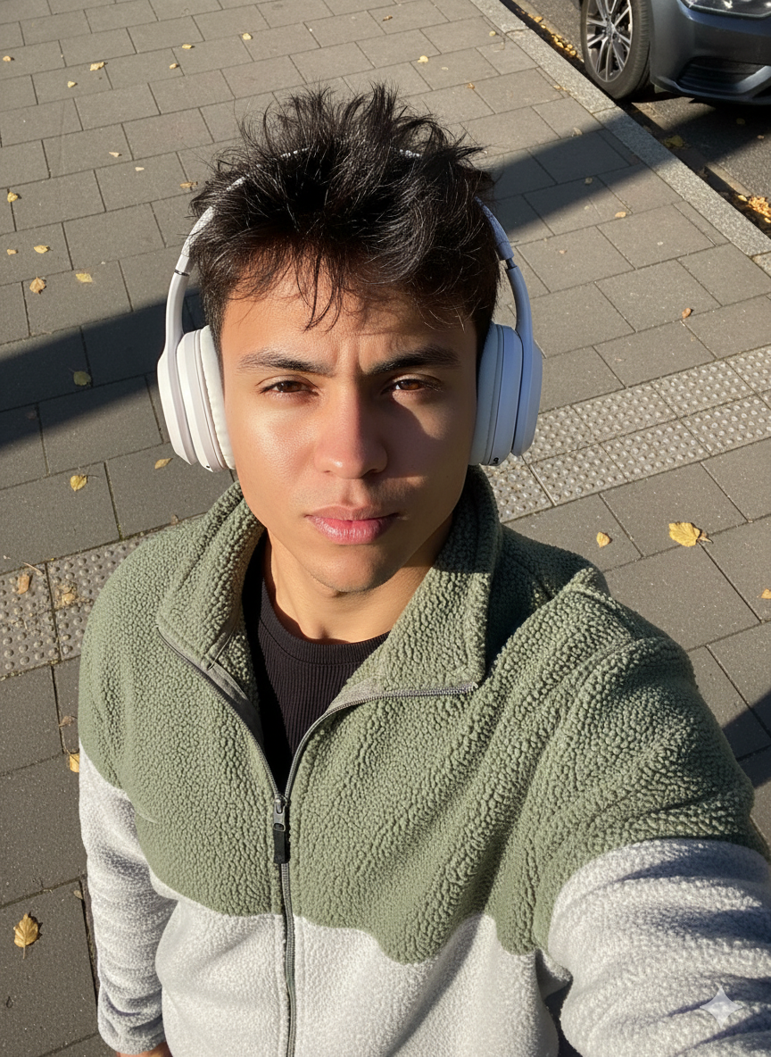 Selfie urbana de outono com modelo em calçada, rosto parcialmente visível, segurando celular, luz do sol refletindo nos fios de cabelo.