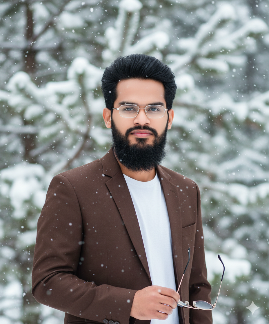 Hyper-realistic portrait of a young man in a brown jacket, sunglasses in hand, against a blurred snowy background with falling snow.