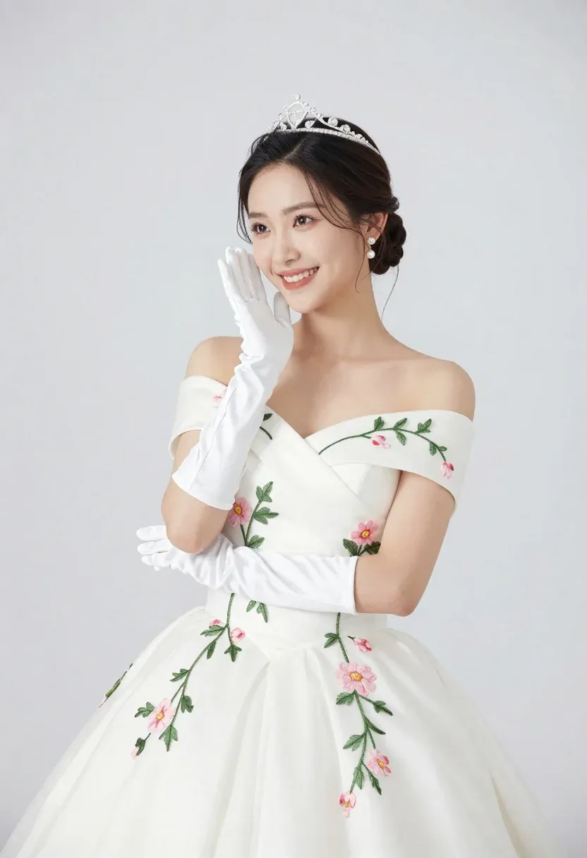 Smiling Woman White Floral Gown Wearing Tiara And Long Gloves