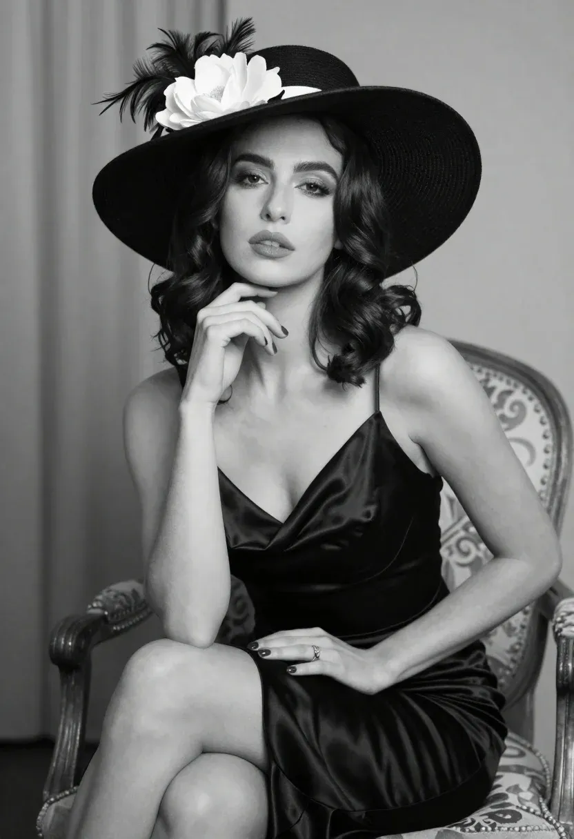 Woman With Dark Wavy Hair Sits Elegantly Black Satin Dress